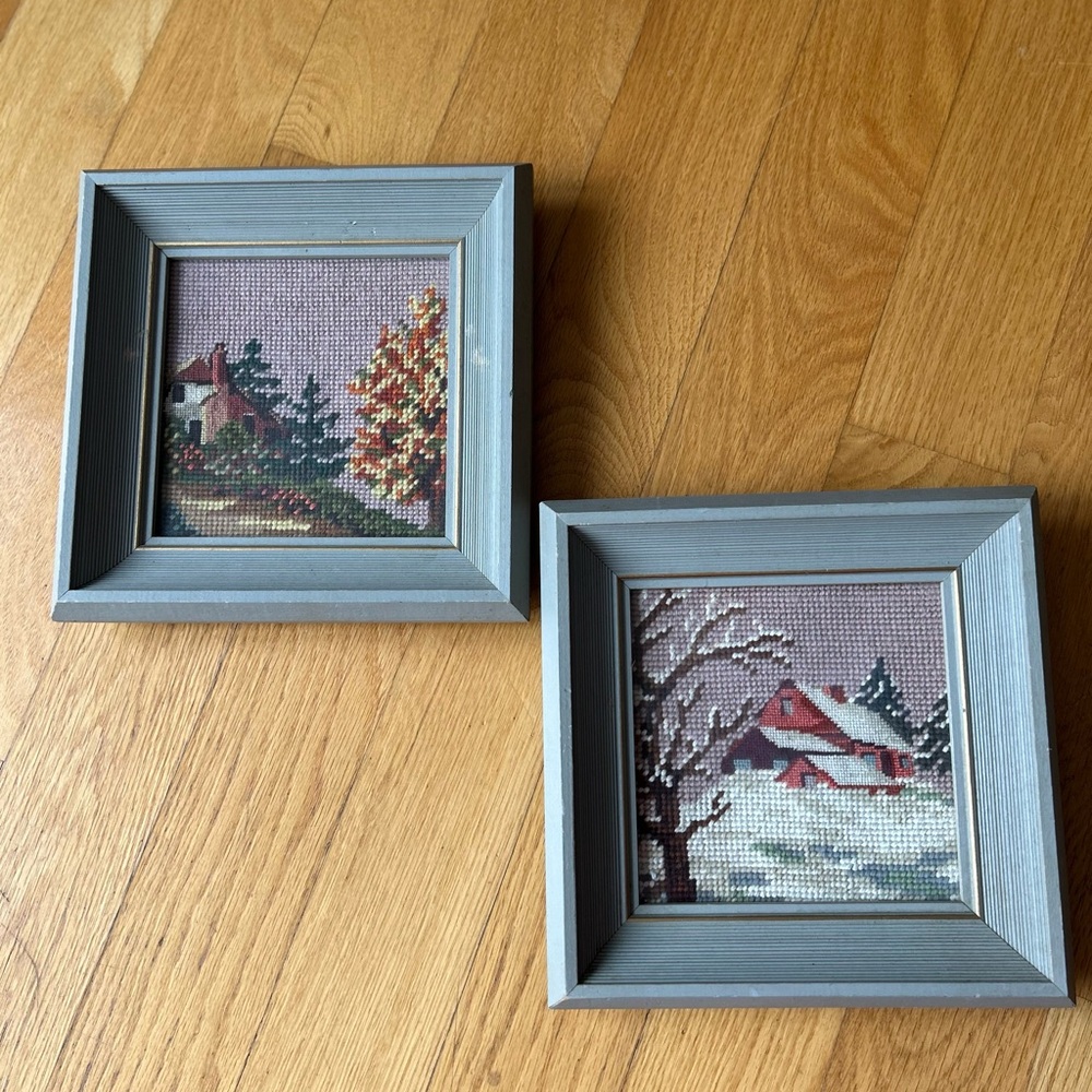 Pair of small Framed Cross-Stitch Cottage Landscape Scenes in Gray Frames